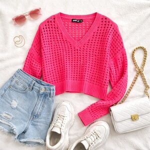 Y2K Barbiecore Open Knit Crop Sweater DKNY Jeans Pink Cotton V Neck S Preppy A22